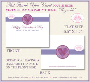 Vintage Damask Valentine's Thank You Card Party Day Purple Singles Love Heart Elegant Formal Boogie Bear Invitations Reynolds Theme Printed