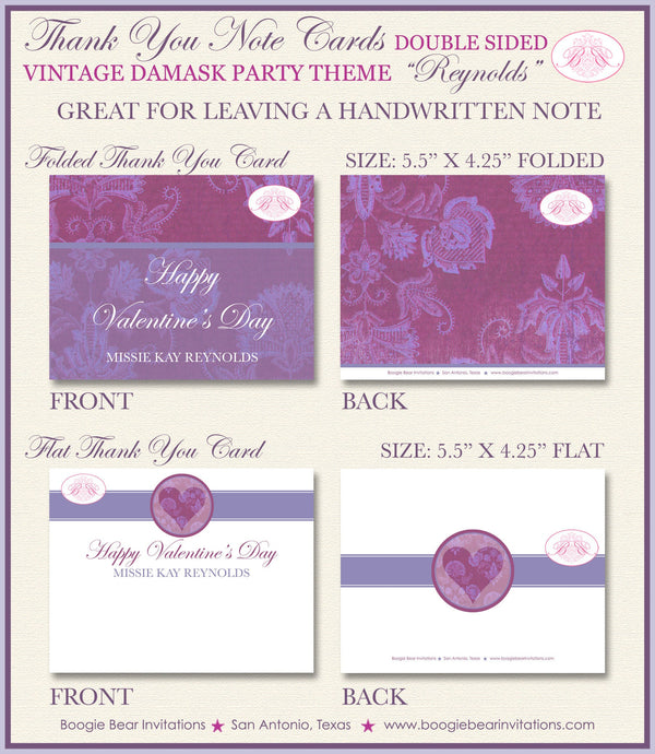 Vintage Damask Valentine's Thank You Card Party Day Purple Singles Love Heart Elegant Formal Boogie Bear Invitations Reynolds Theme Printed