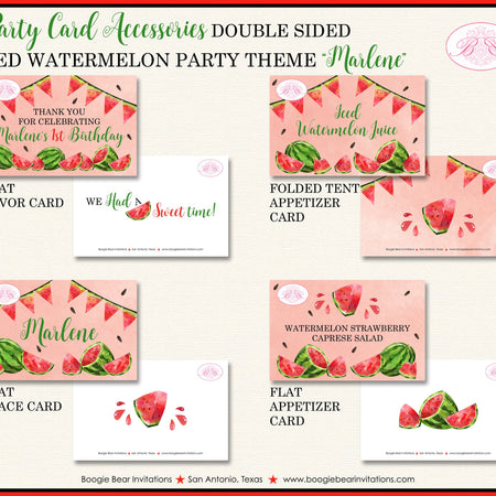 Red Watermelon Birthday Party Favor Card Appetizer Food Place Sign Label Girl Boy One In a Melon Green Boogie Bear Invitations Marlene Theme