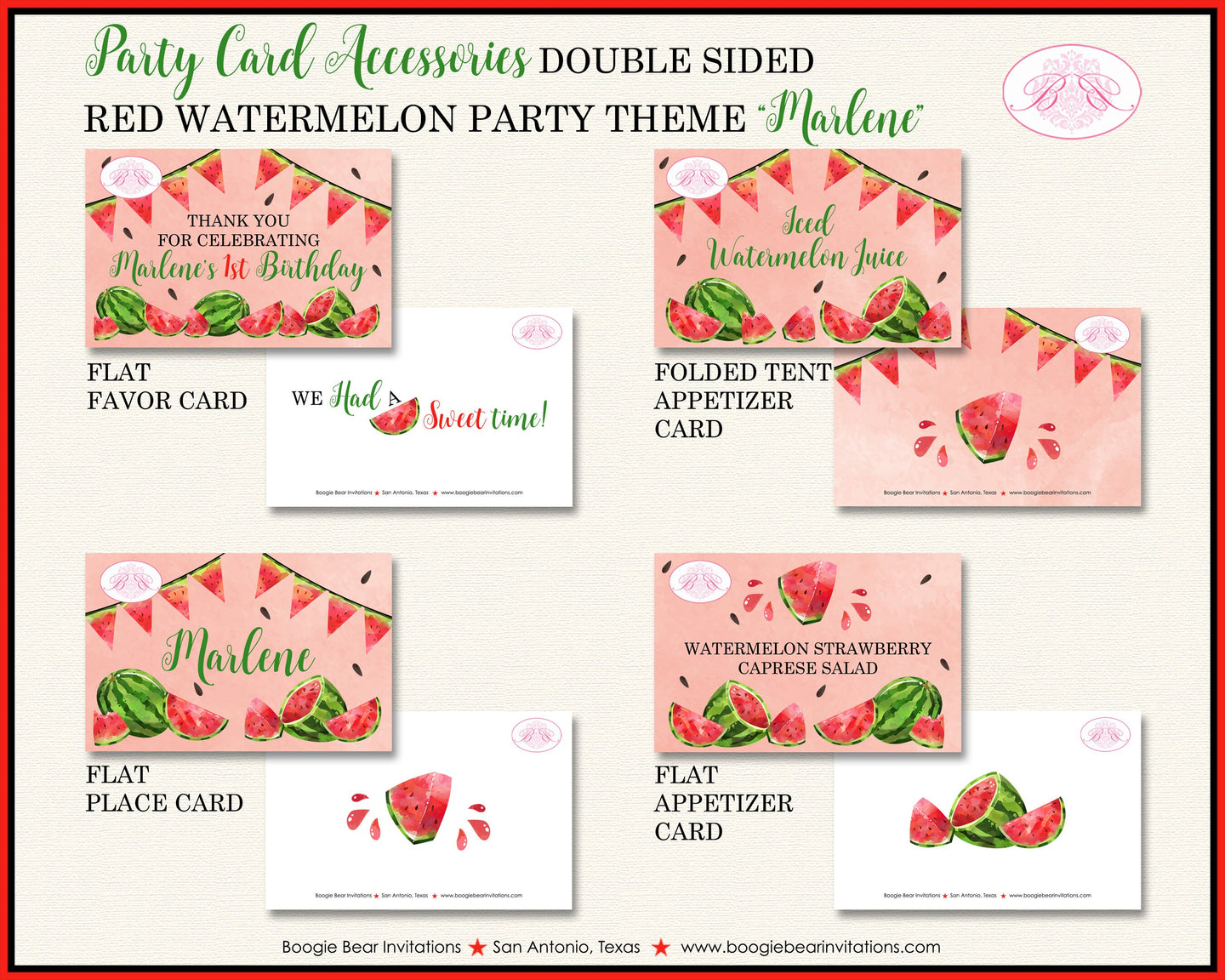 Red Watermelon Birthday Party Favor Card Appetizer Food Place Sign Label Girl Boy One In a Melon Green Boogie Bear Invitations Marlene Theme