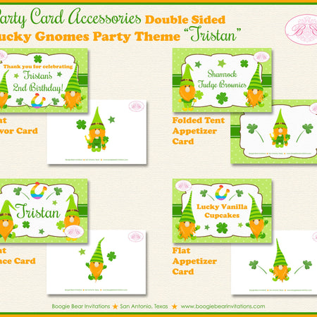St. Patrick's Day Gnomes Birthday Party Favor Card Appetizer Food Place Sign Label Lucky Shamrock Boogie Bear Invitations Tristan Theme