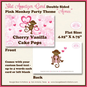 Pink Monkey Birthday Party Favor Card Appetizer Food Place Sign Label Love Valentine's Day Girl Heart Boogie Bear Invitations Aimee Theme