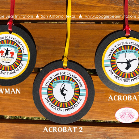 Circus Showman Birthday Party Favor Tags Animals Greatest Show on Earth Trapeze Acrobat Big Top Black Boogie Bear Invitations Phineas Theme