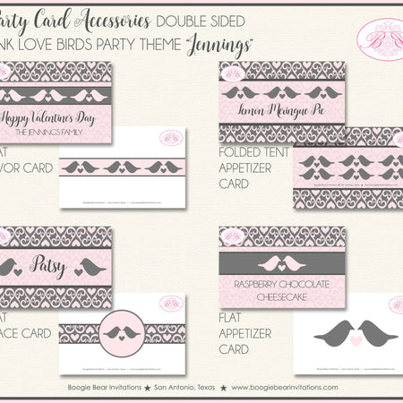 Pink Love Birds Party Favor Card Tent Appetizer Place Food Label Valentines Day Party Dinner Heart Boogie Bear Invitations Jennings Theme