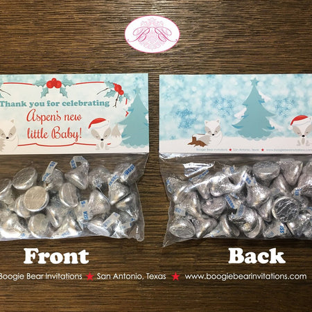 White Winter Fox Baby Shower Treat Bag Toppers Folded Favor Christmas Snow White Forest Red Birthday Tag Boogie Bear Invitations Aspen Theme