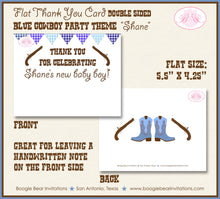 Load image into Gallery viewer, Blue Gunslinger Party Thank You Card Baby Shower Boy Brown Boots Guns Pistol Ranch Cowboy Star Boogie Bear Invitations Shane Theme Printed