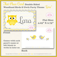 Load image into Gallery viewer, Woodland Birds Owls Baby Shower Favor Card Tent Appetizer Food Yellow Grey Gray Forest Animals Boogie Bear Invitations Lara Theme Printed