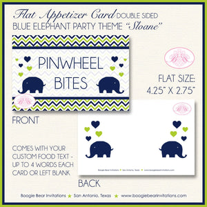 Blue Elephant Baby Shower Favor Card Tent Place Appetizer Food Sign Label Tag Navy Lime Green Boogie Bear Invitations Sloane Theme Printed