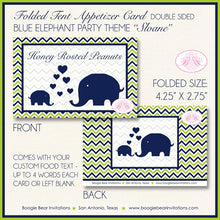 Load image into Gallery viewer, Blue Elephant Baby Shower Favor Card Tent Place Appetizer Food Sign Label Tag Navy Lime Green Boogie Bear Invitations Sloane Theme Printed