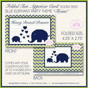 Blue Elephant Baby Shower Favor Card Tent Place Appetizer Food Sign Label Tag Navy Lime Green Boogie Bear Invitations Sloane Theme Printed