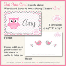 Load image into Gallery viewer, Woodland Birds Owls Baby Shower Favor Card Tent Appetizer Food Grey Gray Pink Girl Animals Forest Boogie Bear Invitations Amy Theme Printed
