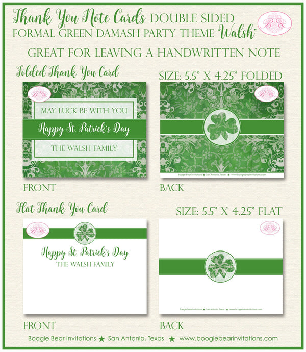 St. Patrick's Day Thank You Cards Party Note Irish Green Lucky Formal Damask Shamrock Holiday Boogie Bear Invitations Walsh Theme Printed
