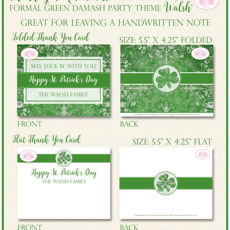 St. Patrick's Day Thank You Cards Party Note Irish Green Lucky Formal Damask Shamrock Holiday Boogie Bear Invitations Walsh Theme Printed