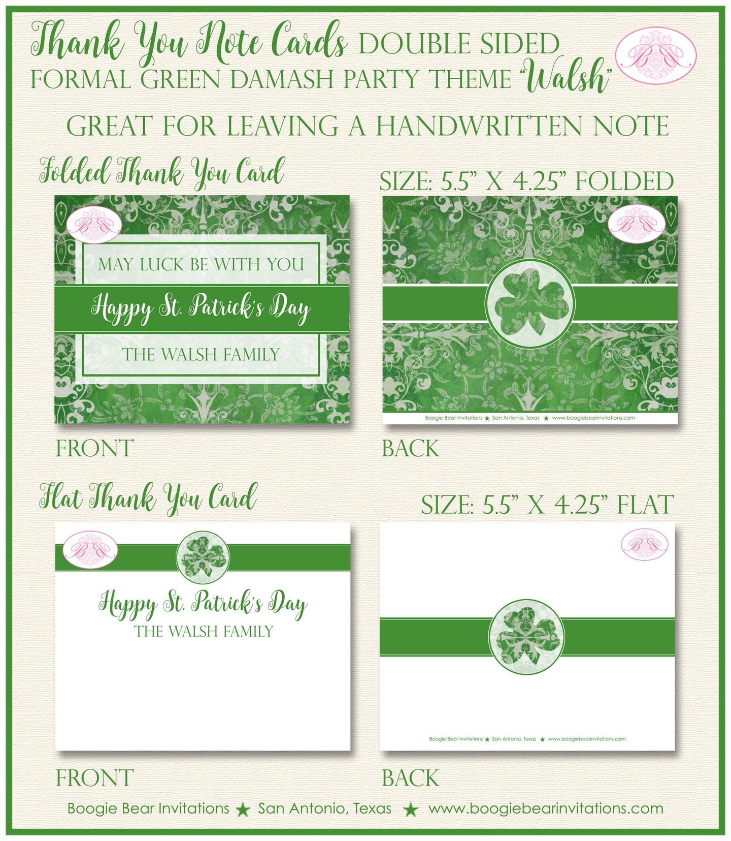 St. Patrick's Day Thank You Cards Party Note Irish Green Lucky Formal Damask Shamrock Holiday Boogie Bear Invitations Walsh Theme Printed