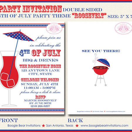4th of July Party Invitations Fireworks Potluck Fireworks Red White Blue Boogie Bear Invitations Roosevelt Theme Paperless Printable Printed
