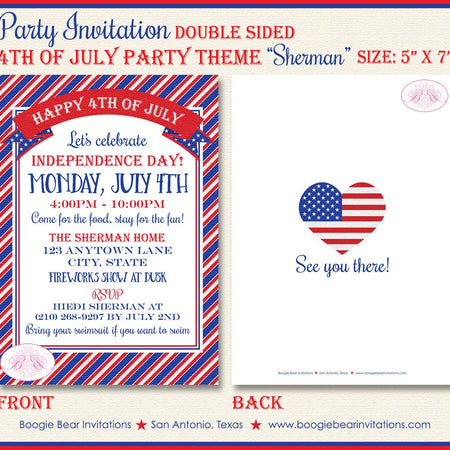 4th of July Stripes Party Invitation Red White Blue Stars Independence Day Boogie Bear Invitations Sherman Theme Paperless Printable Printed