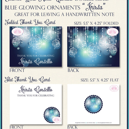 Blue Glowing Ornemanets Party Thank You Cards Birthday Christmas Winter Formal Dinner Elegant Boogie Bear Invitations Krista Theme Printed