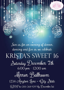 Blue Glowing Ornament Party Invitation Sweet 16 Birthday Formal Elegant Boogie Bear Invitations Krista Theme Paperless Printable Printed