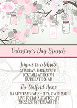Load image into Gallery viewer, Pink Mason Jars Valentine&#39;s Party Invitation Day Spring Garden Birds Grey Boogie Bear Invitations Stafford Theme Paperless Printable Printed