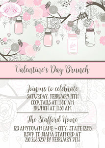 Pink Mason Jars Valentine's Party Invitation Day Spring Garden Birds Grey Boogie Bear Invitations Stafford Theme Paperless Printable Printed