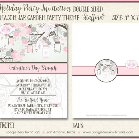 Pink Mason Jars Valentine's Party Invitation Day Spring Garden Birds Grey Boogie Bear Invitations Stafford Theme Paperless Printable Printed