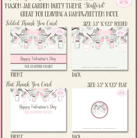 Pink Mason Jars Valentine's Day Thank You Card Party Spring Picnic Garden Birds Silver Grey Boogie Bear Invitations Stafford Theme Printed