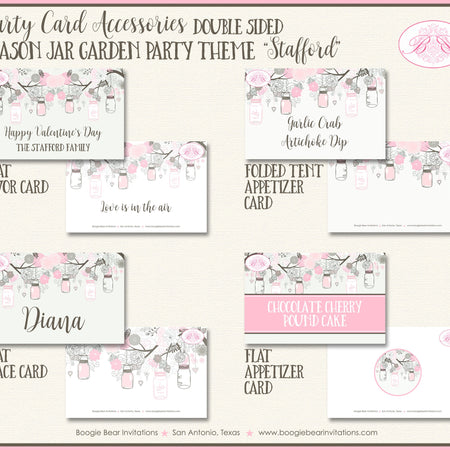 Pink Mason Jars Party Favor Card Tent Appetizer Place Food Label Valentines Day Birds Woodland Forest Boogie Bear Invitations Stafford Theme