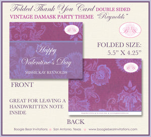 Vintage Damask Valentine's Thank You Card Party Day Purple Singles Love Heart Elegant Formal Boogie Bear Invitations Reynolds Theme Printed