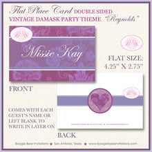 Load image into Gallery viewer, Vintage Damask Party Favor Card Tent Appetizer Place Food Label Valentines Day Purple Formal Heart Boogie Bear Invitations Reynolds Theme