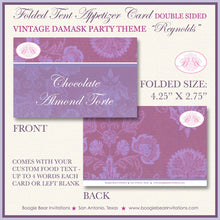 Load image into Gallery viewer, Vintage Damask Party Favor Card Tent Appetizer Place Food Label Valentines Day Purple Formal Heart Boogie Bear Invitations Reynolds Theme