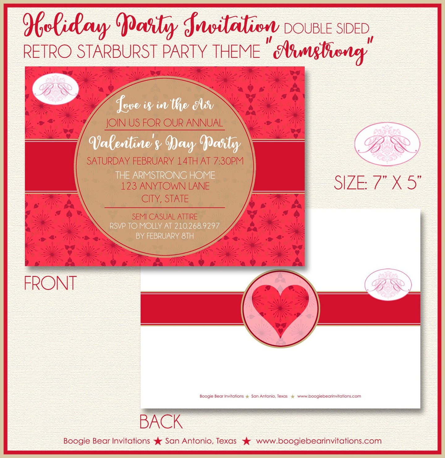Retro Starburst Valentine's Party Invitation Day Radial Red Gold Heart Boogie Bear Invitations Armstrong Theme Paperless Printable Printed
