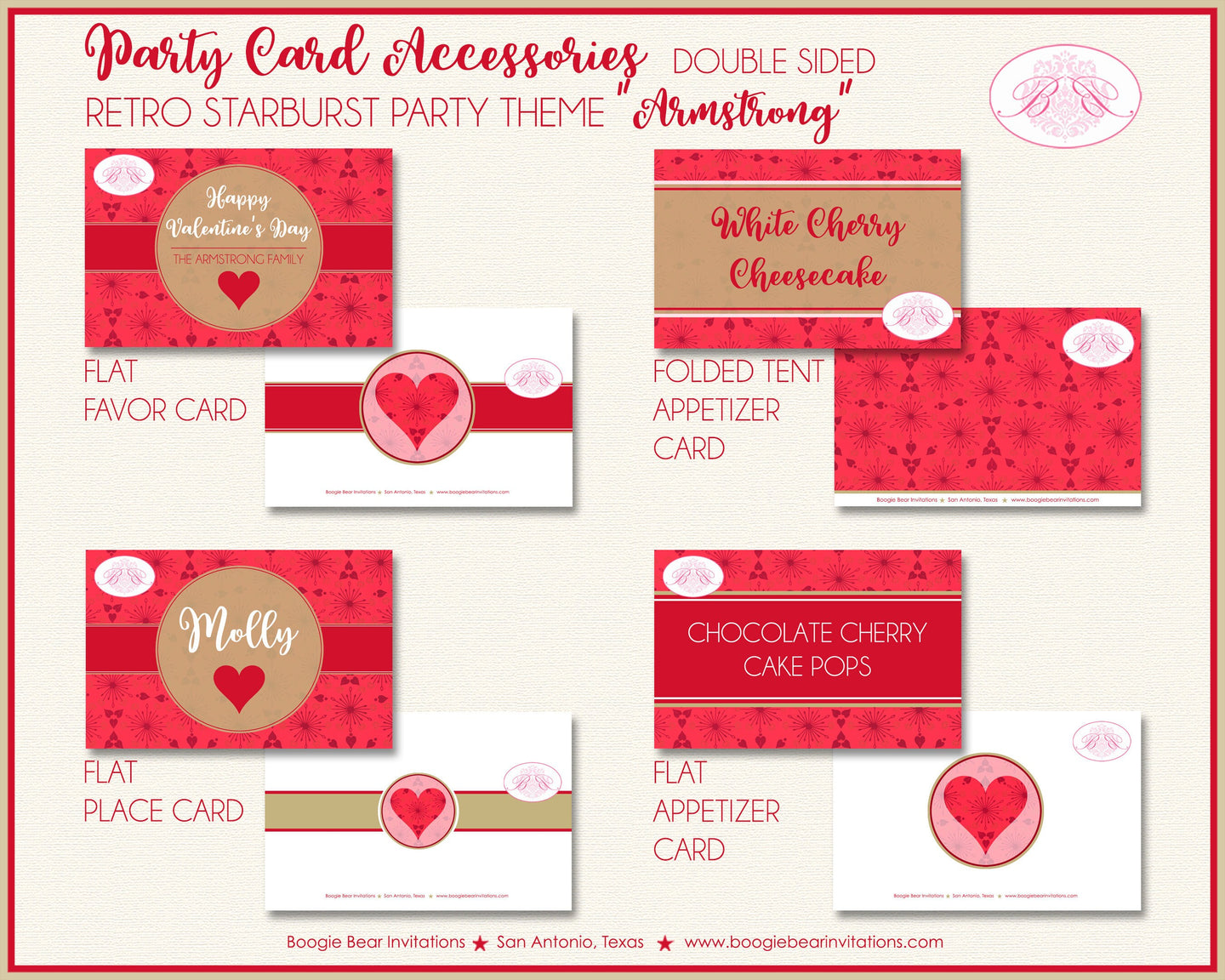 Retro Starburst Valentine's Party Favor Card Tent Appetizer Place Food Label Day Red Gold Heart Love Boogie Bear Invitations Armstrong Theme