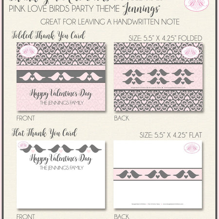 Pink Love Birds Valentine's Day Thank You Card Party Day Galentine's Dinner Sweet Heart Retro Boogie Bear Invitations Jennings Theme Printed