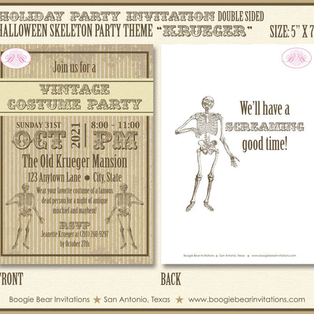 Skeleton Halloween Party Invitation Costume Brown Haunted Anitque Vintage Boogie Bear Invitations Krueger Theme Paperless Printable Printed