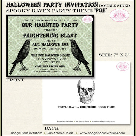 Spooky Raven Halloween Party Invitation Haunted House Skull Black Bird Crow Boogie Bear Invitations Poe Theme Paperless Printable Printed