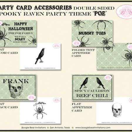 Raven Halloween Party Favor Card Tent Appetizer Place Food Haunted Skull Black Spooky Crow Spider Boogie Bear Invitations Poe Theme Printed