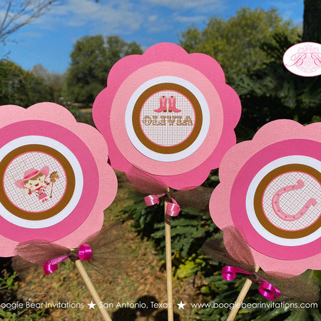 Pink Cowgirl Birthday Party Centerpiece Set Circle Horse Pony Girl Hat Boots Country Rodeo Hoedown Farm Boogie Bear Invitations Olivia Theme