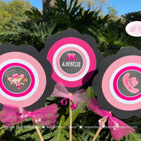Pink Cowgirl Birthday Party Centerpiece Set Circle Horse Lasso Girl Hat Boots Country Black Chalkboard Boogie Bear Invitations Annie Theme