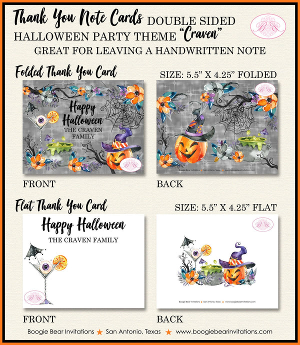 Halloween Witch Party Thank You Card Note Gift Pumpkin Cocktail Spiderweb Orange Black Cauldron Boogie Bear Invitations Craven Theme Printed