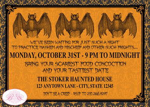 Halloween Haunted Bat Party Invitation Fall Spooky Black Scary Fright Night Boogie Bear Invitations Stoker Theme Paperless Printable Printed