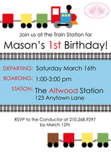 Load image into Gallery viewer, Train Birthday Party Invitation Blocks Choo Choo Boy Girl Railroad Tracks Boogie Bear Invitations Mason Theme Paperless Printable Printed