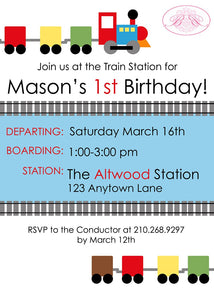 Train Birthday Party Invitation Blocks Choo Choo Boy Girl Railroad Tracks Boogie Bear Invitations Mason Theme Paperless Printable Printed