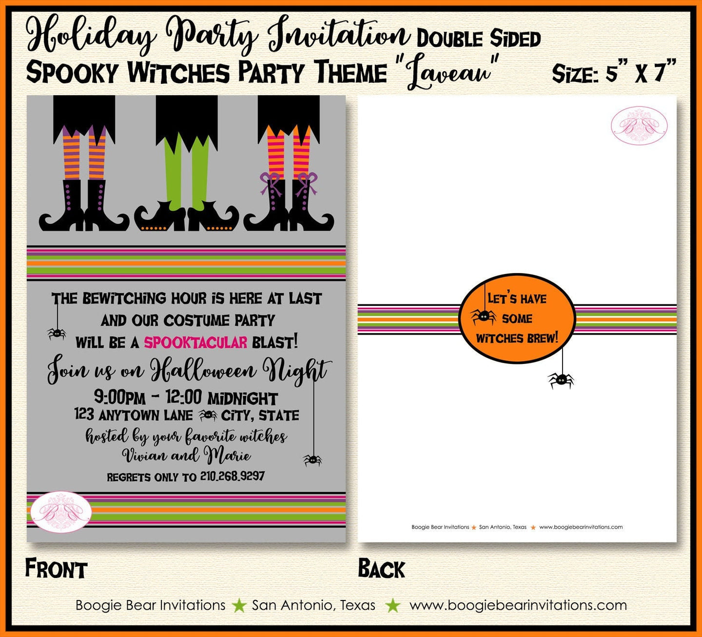 Halloween Witches Party Invitation Witch Costume Spooky Spider Orange Black Boogie Bear Invitations Laveau Theme Paperless Printable Printed
