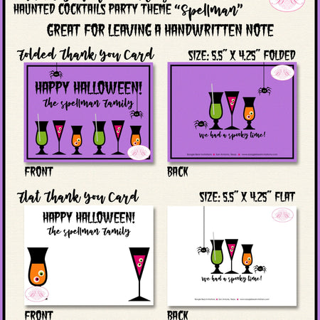 Haunted Cocktails Party Thank You Card Note Gift Spooky Spider Drinks Cake Witch Purple Black Boogie Bear Invitations Spellman Theme Printed