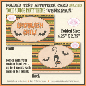 Toxic Sludge Party Favor Card Tent Appetizer Place Food Sign Tag Halloween Slime Black Bat Cat Boogie Bear Invitations Venkman Theme Printed