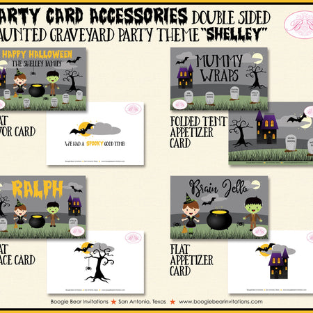 Haunted Graveyard Party Favor Card Tent Place Food Appetizer Tag Sign Halloween Cemetery House Costume Boogie Bear Invitations Shelley Theme
