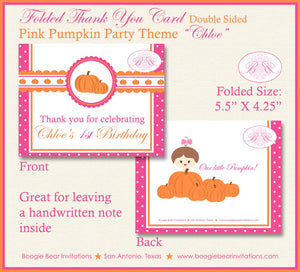 Pink Pumpkin Party Thank You Card Birthday Girl Fall Autumn Harvest Orange Rustic Farm Barn 1st Boogie Bear Invitations Chloe Theme Printed