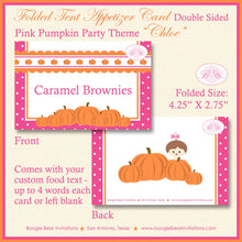 Load image into Gallery viewer, Pink Pumpkin Birthday Favor Party Card Tent Place Appetizer Food Girl Orange Autumn Fall Little Boogie Bear Invitations Chloe Theme Printed