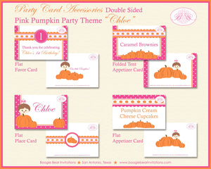 Pink Pumpkin Birthday Favor Party Card Tent Place Appetizer Food Girl Orange Autumn Fall Little Boogie Bear Invitations Chloe Theme Printed