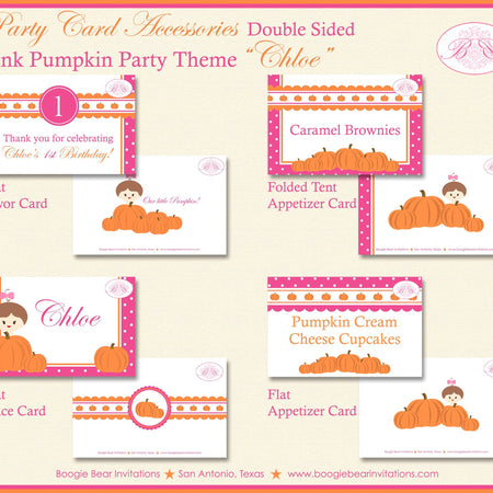 Pink Pumpkin Birthday Favor Party Card Tent Place Appetizer Food Girl Orange Autumn Fall Little Boogie Bear Invitations Chloe Theme Printed